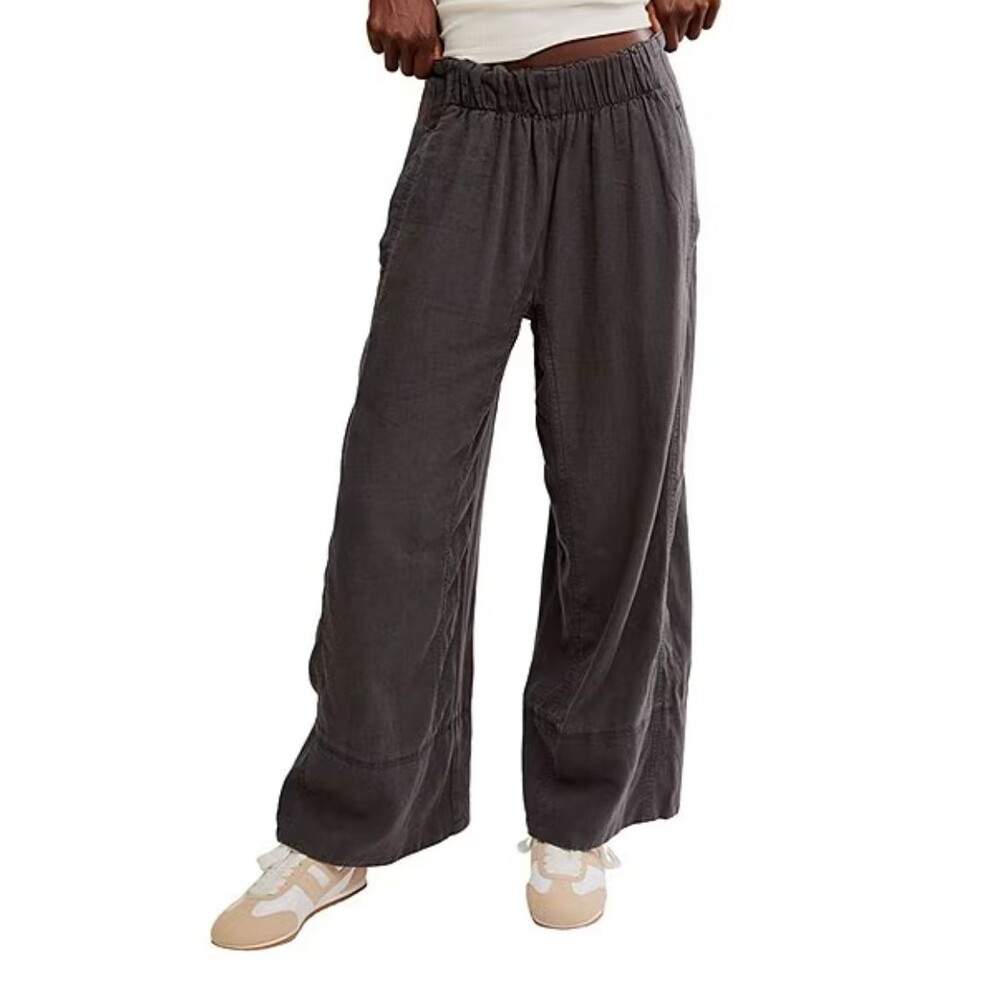 Free People Day's End Gray Mid-Rise Wide Leg Linen Pull On Pants Women's Large